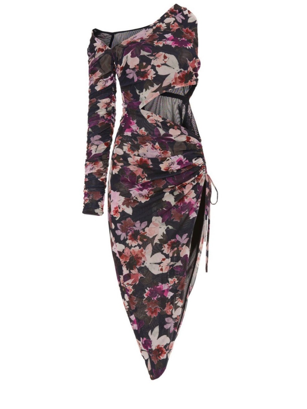$445 NICHOLAS Black Floral One-Shoulder Ruched Dress with Purple Accents